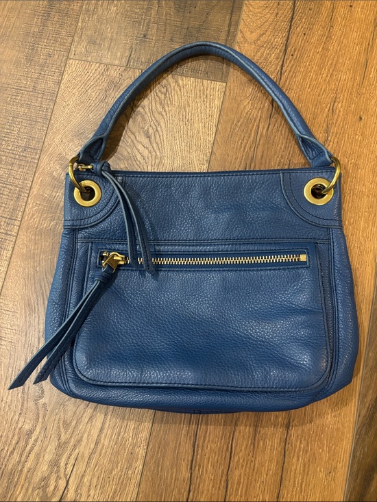 Fossil Handbags - Fossil Blue Pebbled Leather Zippered Shoulder Bag Gold Hardware